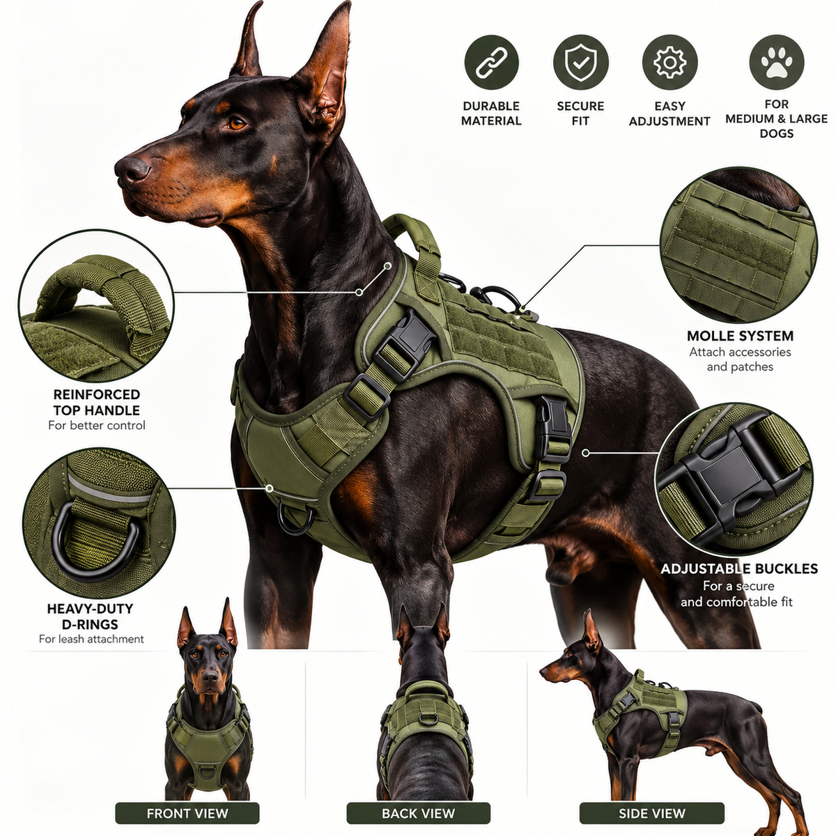 Heavy-Duty Tactical Dog Harness with Reflective Trim